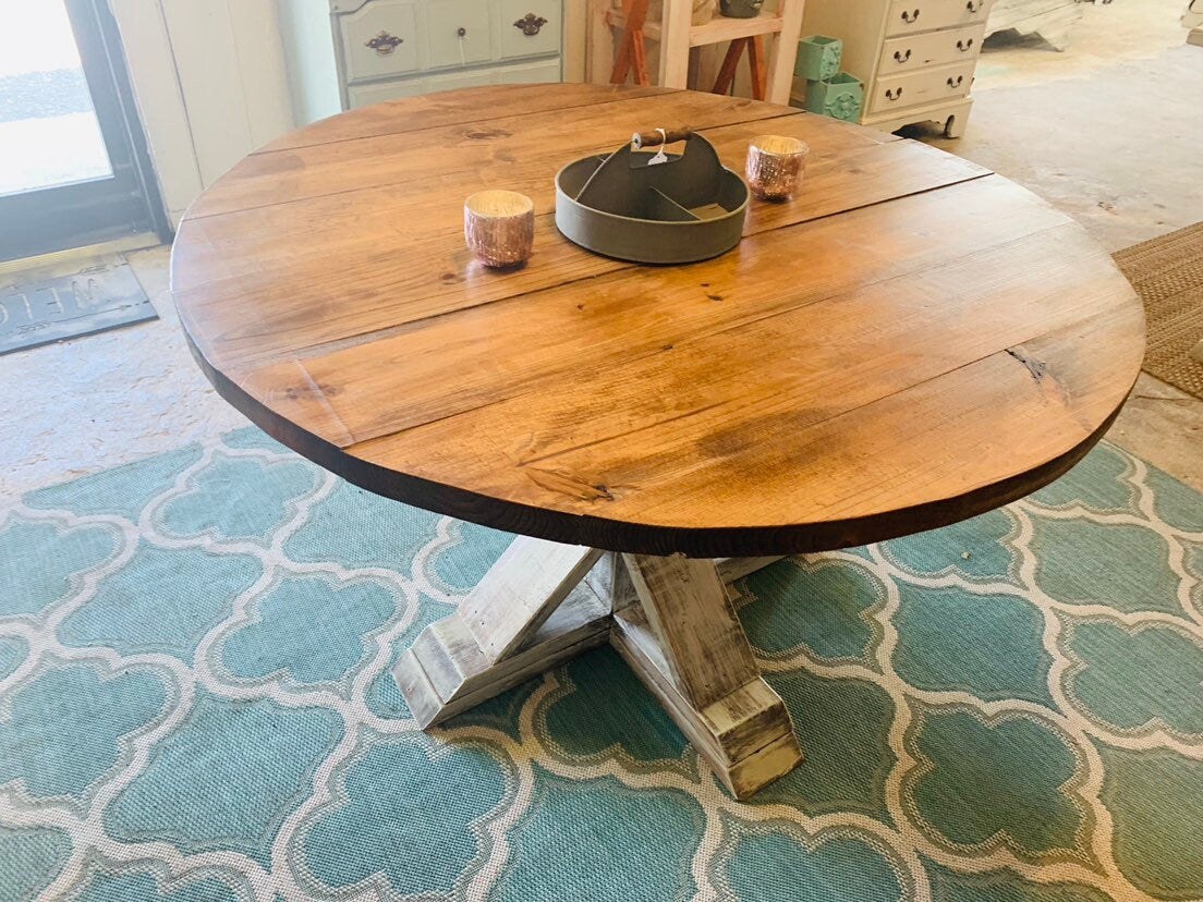 Round Farmhouse Dining Table: Provincial Brown Top, Distressed White Base