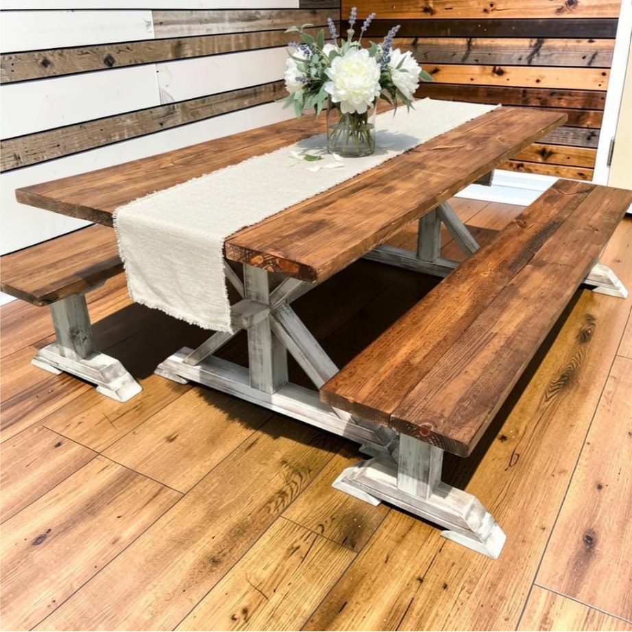 Farmhouse Trestle Dining Table Set With Benches 7ft Rustic Pine Wood Handmade