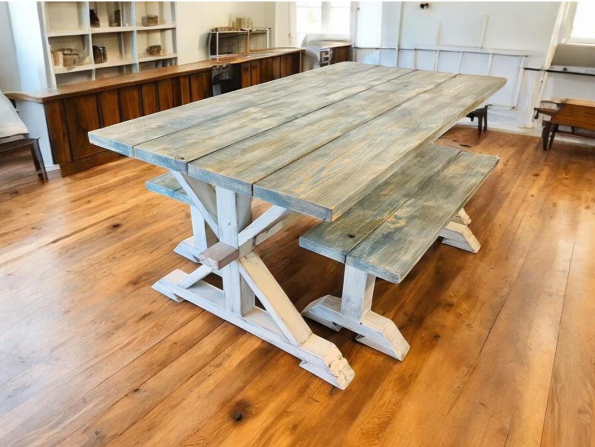 6-Foot Trestle Table Set: Coastal Farmhouse Kitchen Table with Benches
