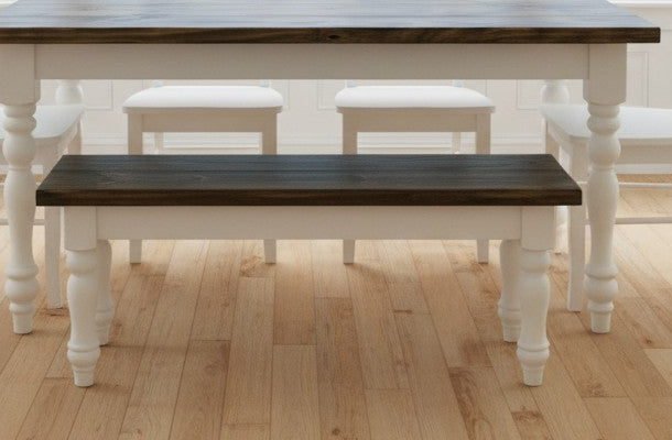 Farmhouse table and bench details styled for Pet owners & active homes