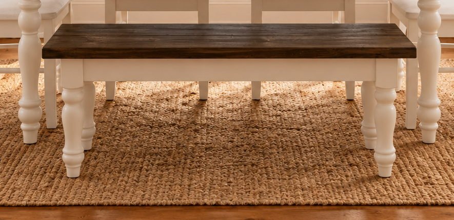 Detail of real-wood bench and antique white turned table legs