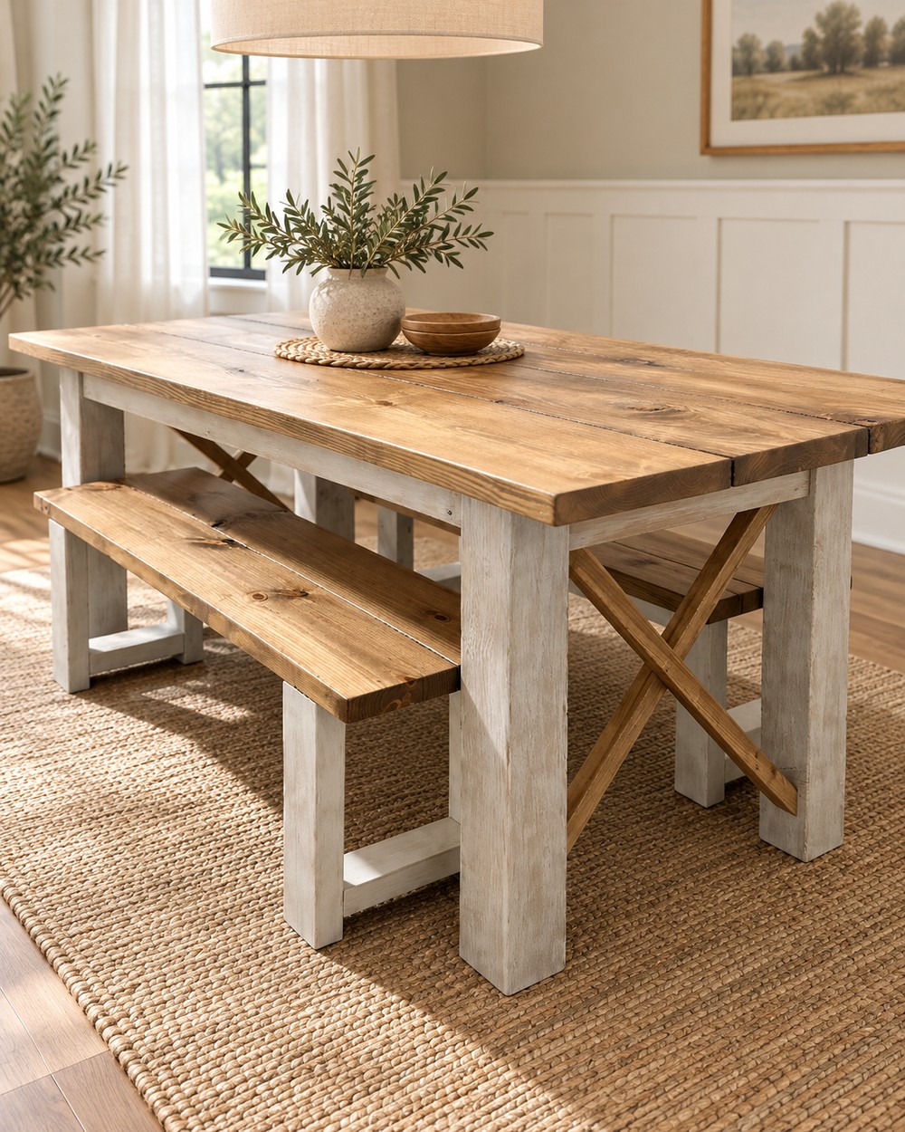6-Foot Classic X Style Farmhouse Table Set with Benches (Special Walnut, Distressed White) — finished table from the linked listing