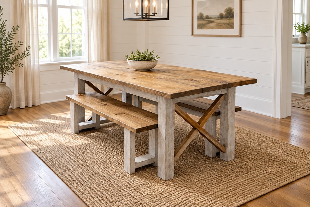 6-Foot Classic X Style Farmhouse Table Set with Benches (Special Walnut, Distressed White) — another view of the featured table