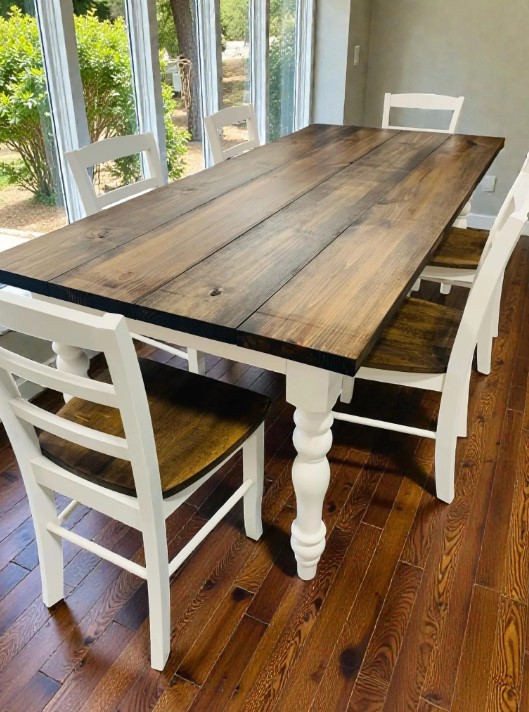 7-Foot Farmhouse Table: Dark Walnut Top, Antique White Turned Legs — finished table from the linked listing