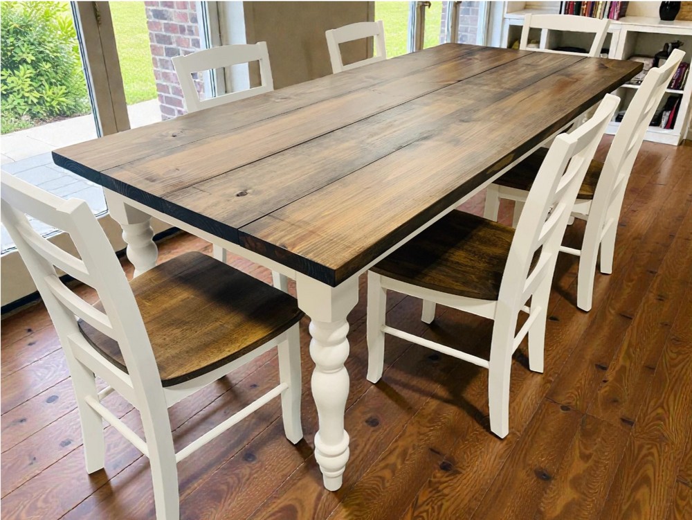 7-Foot Farmhouse Table: Dark Walnut Top, Antique White Turned Legs — another view of the featured table