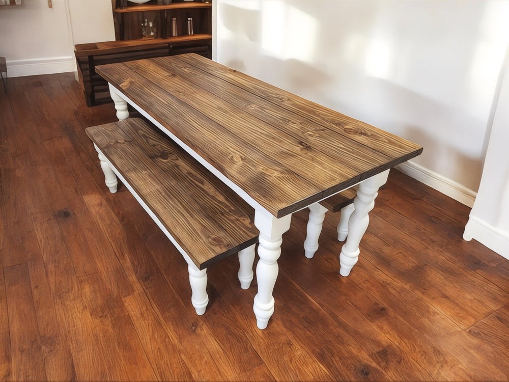 6-Foot Narrow Farmhouse Dining Table Set: Provincial Brown Top, White Turned Legs — finished table from the linked listing