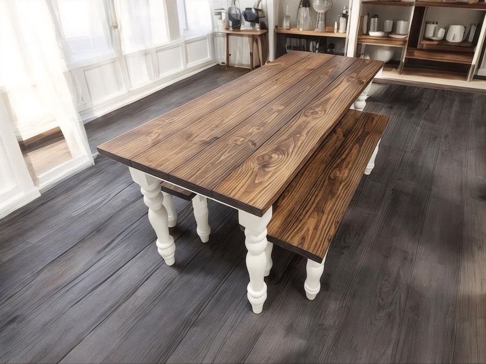 6-Foot Narrow Farmhouse Dining Table Set: Provincial Brown Top, White Turned Legs — another view of the featured table