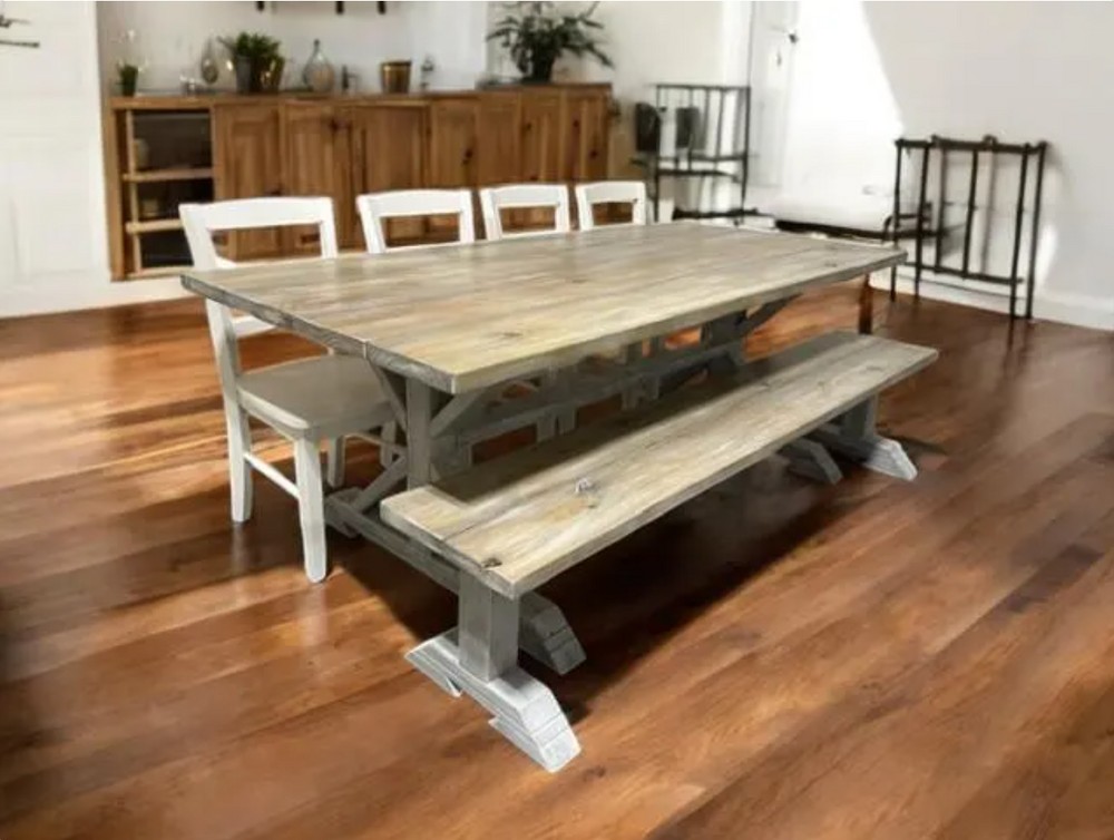 7-Foot Dining Table Set - Farmhouse Trestle Style Base - Bench and Chair Options - Gray Whitewash, Distressed Base - Coastal Kitchen Table Set — finished table from the linked listing