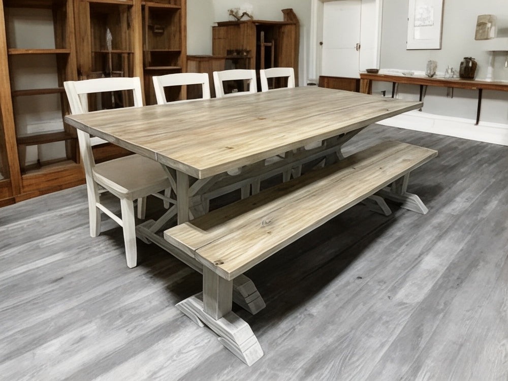7-Foot Dining Table Set - Farmhouse Trestle Style Base - Bench and Chair Options - Gray Whitewash, Distressed Base - Coastal Kitchen Table Set — another view of the featured table