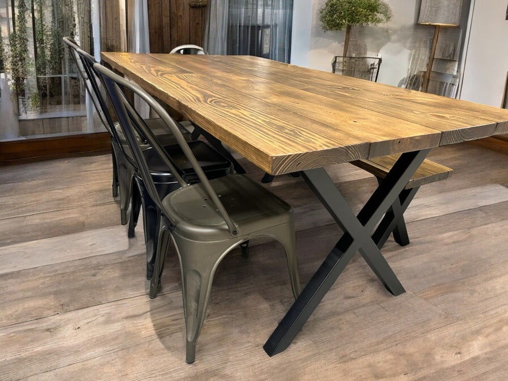 6-Foot Industrial Dining Table Set: Roanoke Stain, Steel X Legs — finished table from the linked listing