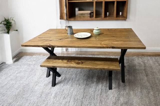 6-Foot Industrial Dining Table Set: Roanoke Stain, Steel X Legs — another view of the featured table