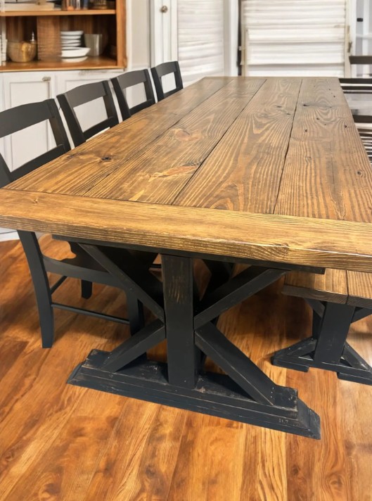 8-Foot Farmhouse Dining Table: Distressed Black, Provincial Brown, Pedestal Base — finished table from the linked listing