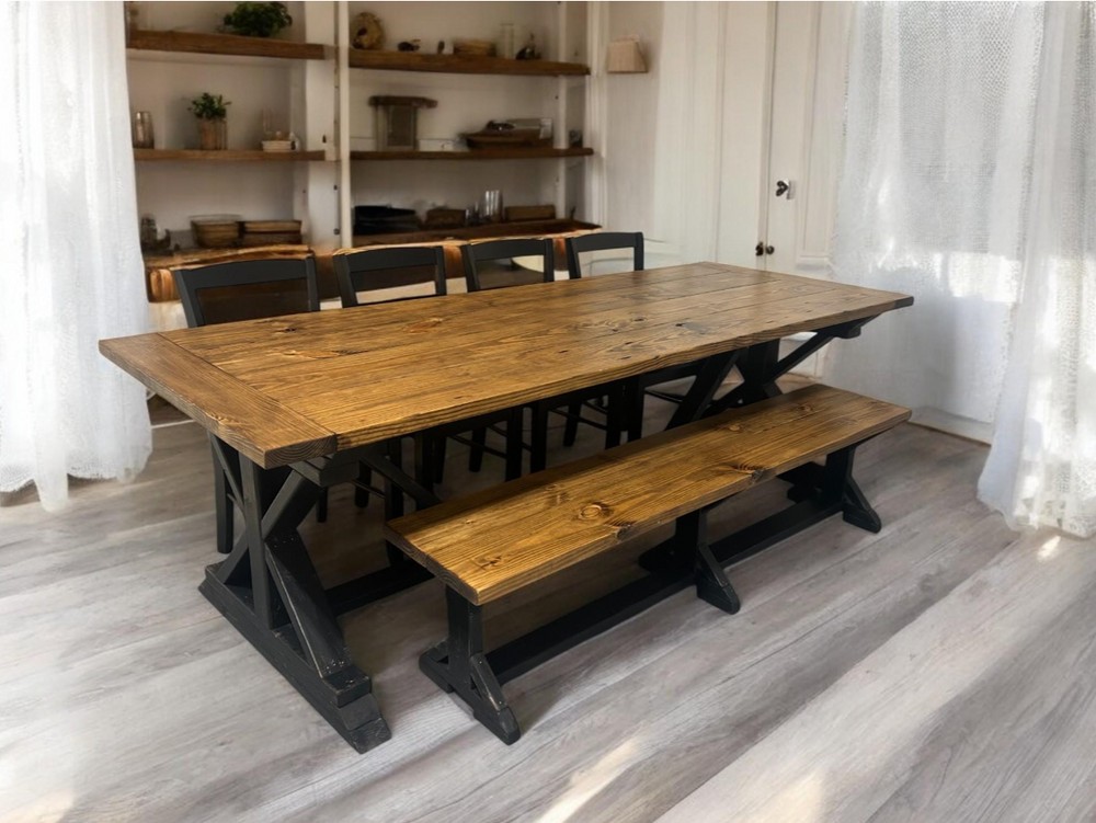 8-Foot Farmhouse Dining Table: Distressed Black, Provincial Brown, Pedestal Base — another view of the featured table