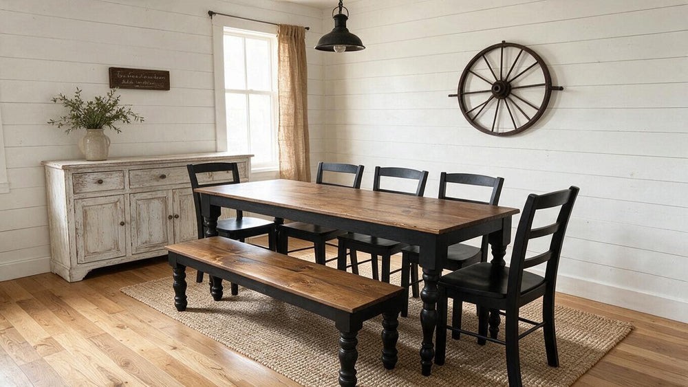 Modern Farmhouse Dining Set: Black Base, Provincial Brown Top, Turned Leg Table — finished table from the linked listing