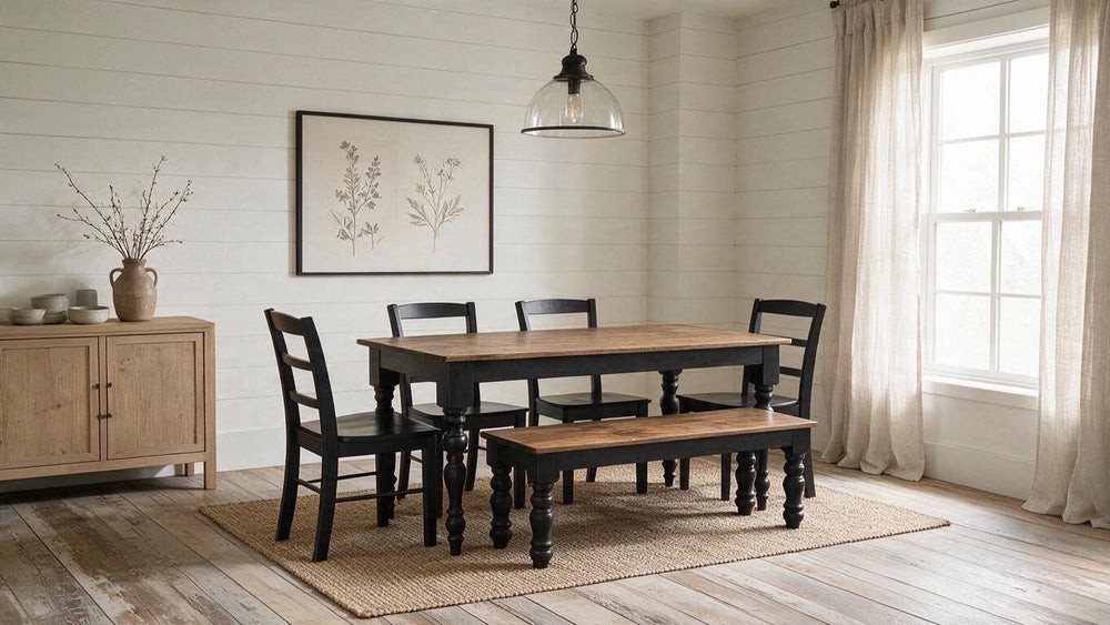 Modern Farmhouse Dining Set: Black Base, Provincial Brown Top, Turned Leg Table — another view of the featured table