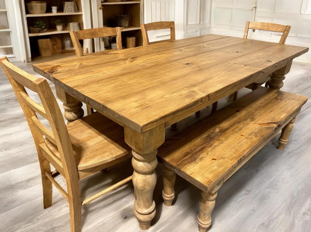 6-Foot Farmhouse Table with Benches - Early American Brown - Chunky Turned Table Legs - Wooden Dining Room, Kitchen Table — finished table from the linked listing
