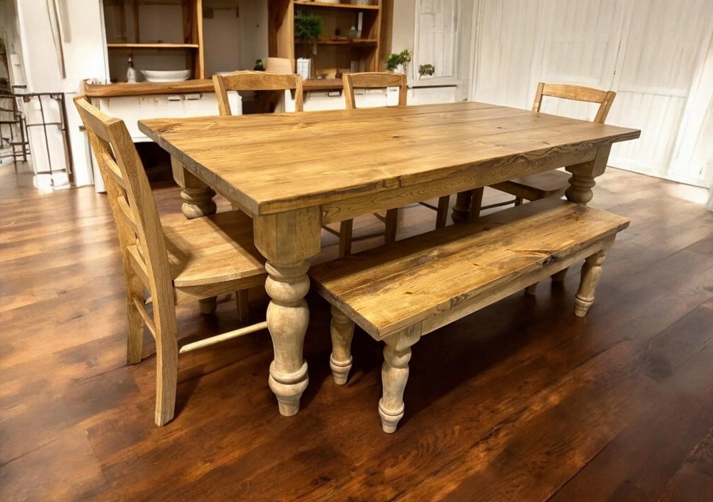 6-Foot Farmhouse Table with Benches - Early American Brown - Chunky Turned Table Legs - Wooden Dining Room, Kitchen Table — another view of the featured table