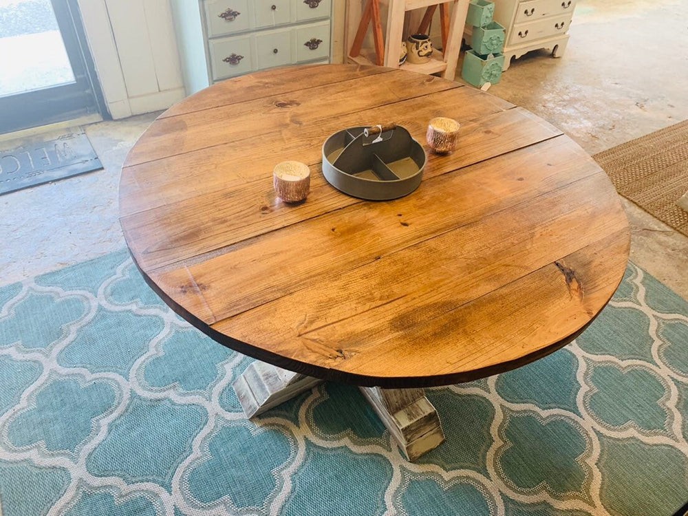 Round Farmhouse Dining Table: Provincial Brown Top, Distressed White Base — finished table from the linked listing