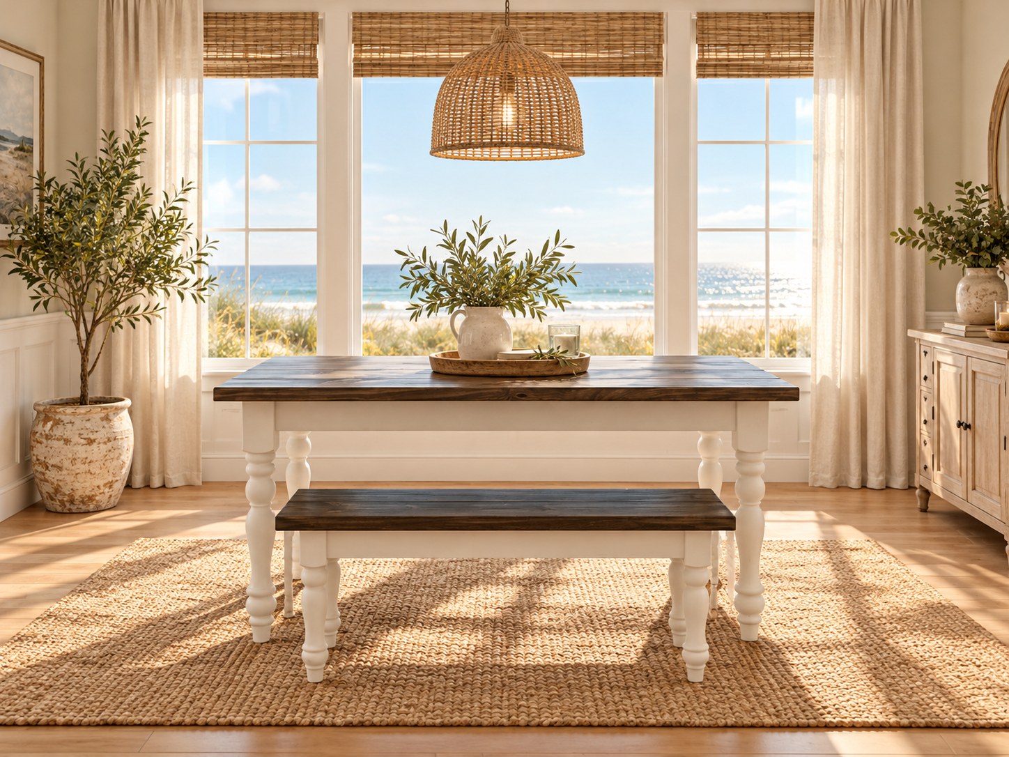 Dark walnut and antique white dining table with matching wood bench, photographed close up