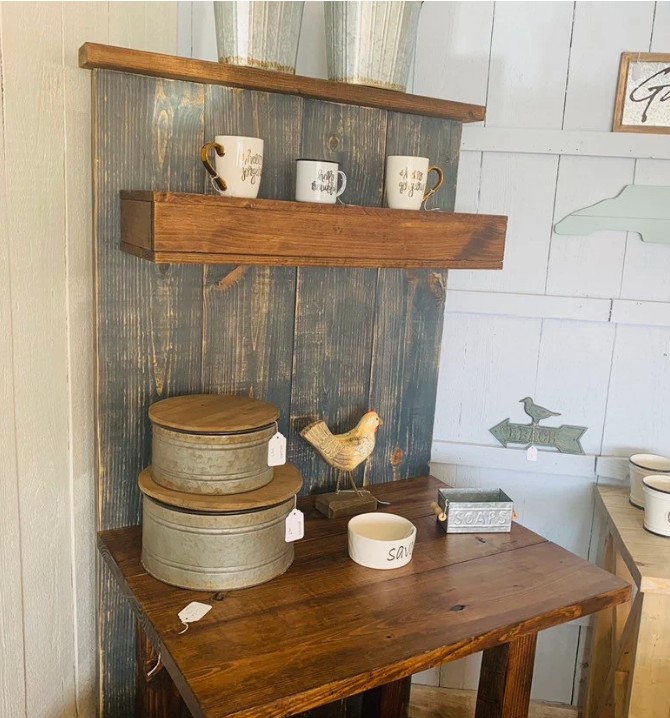 Rustic Farmhouse Coffee Bar: Charcoal Back, Provincial Shelving — another view of the same featured listing
