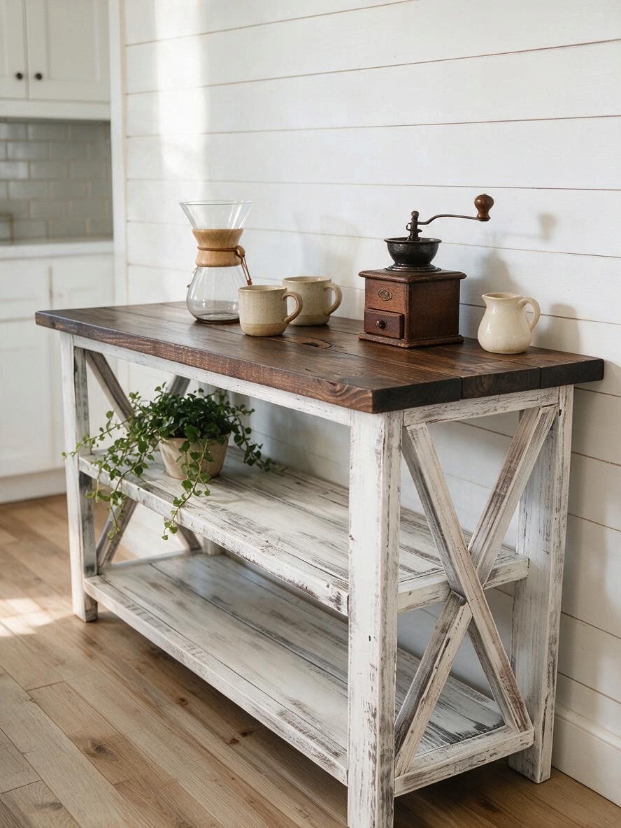 Rustic Farmhouse Buffet Table: Distressed White & Red Mahogany — coffee bars setting