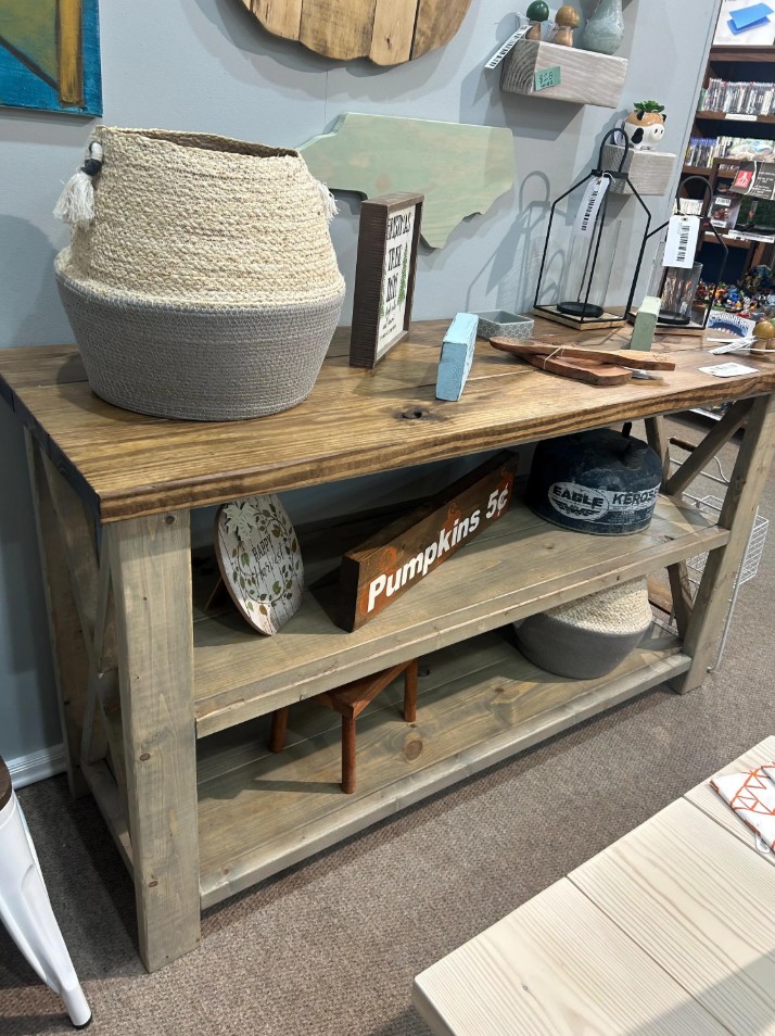 Wooden Buffet or Sideboard - Gray, Provincial Brown - Three Tier Shelving - Entertainment Stand, Entryway Decor - Farmhouse Style — another view of the same featured listing