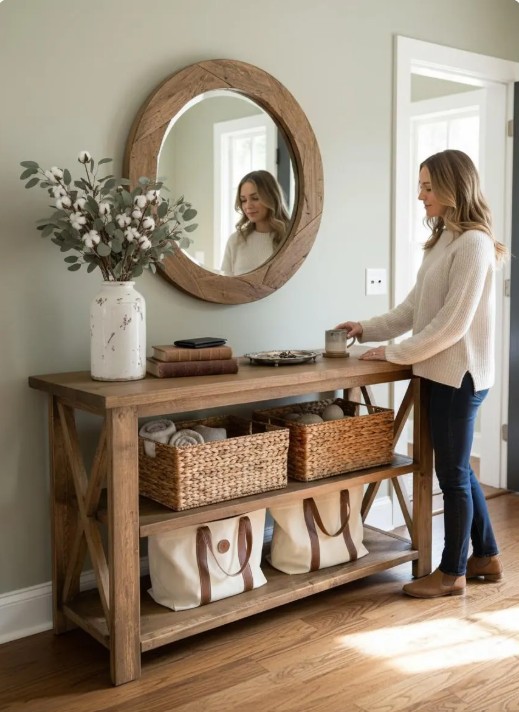 Rustic Wooden Buffet Table: Farmhouse Console Table, Brown Walnut Stain — another view of the same featured listing