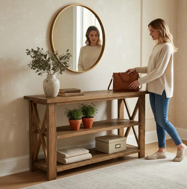 Rustic Wooden Buffet Table: Farmhouse Console Table, Brown Walnut Stain — buffets & sideboards setting