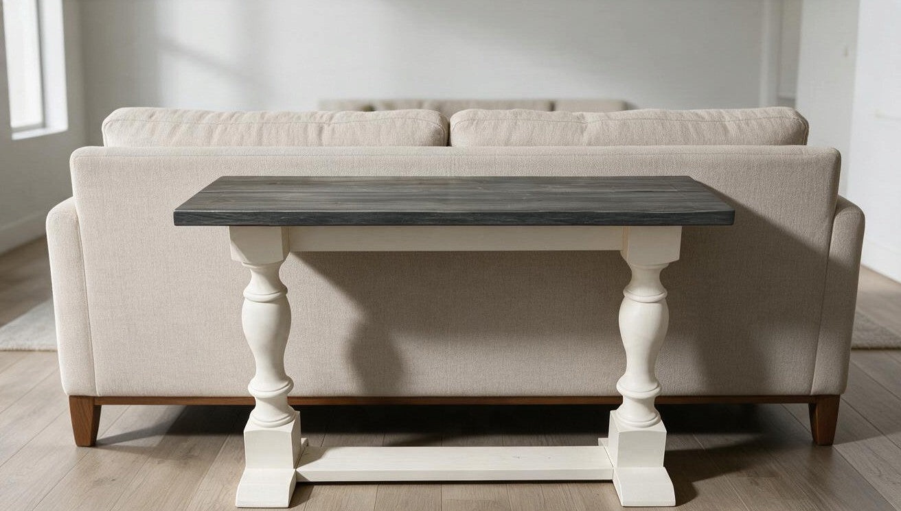 Farmhouse Wooden Console Table: White Turned Leg Entryway Display — console tables setting