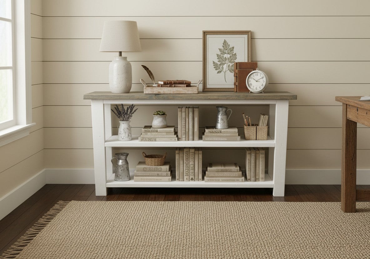 Handmade Farmhouse Bookshelf: Gray Top, White Base Console Table — another view of the same featured listing