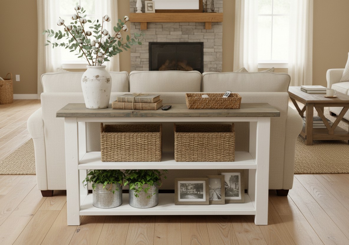 Handmade Farmhouse Bookshelf: Gray Top, White Base Console Table — storage & shelving setting