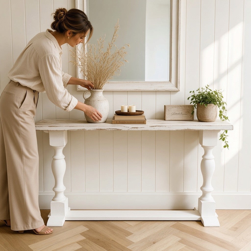 Rustic Farmhouse Entryway Table: Weathered White Console Sofa Table — another view of the same featured listing