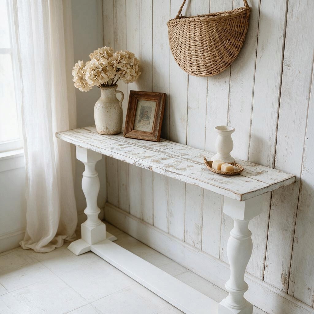 Rustic Farmhouse Entryway Table: Weathered White Console Sofa Table — entryway tables setting