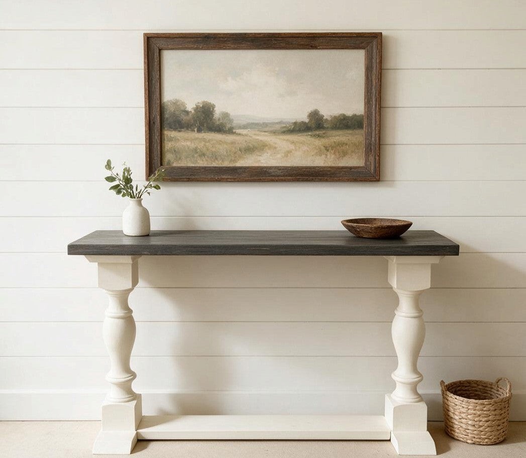 Farmhouse Wooden Console Table: White Turned Leg Entryway Display — display & decor setting