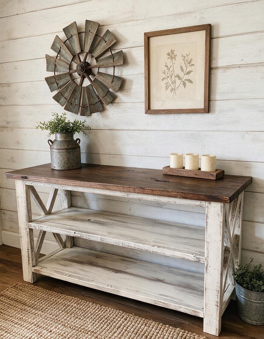 Rustic Farmhouse Buffet Table: Distressed White & Red Mahogany — another view of the same featured listing