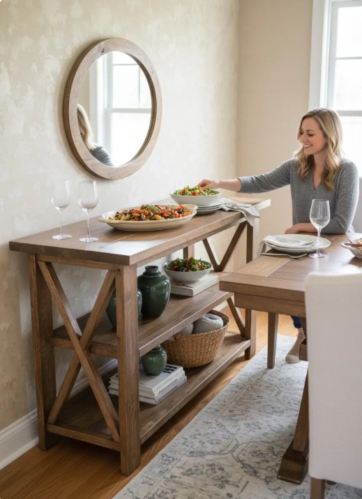 Rustic Wooden Buffet Table: Farmhouse Console Table, Brown Walnut Stain — serving & hosting setting