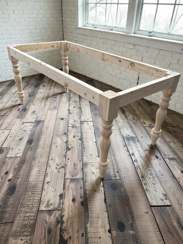 Unfinished turned-leg farmhouse table base without a tabletop
